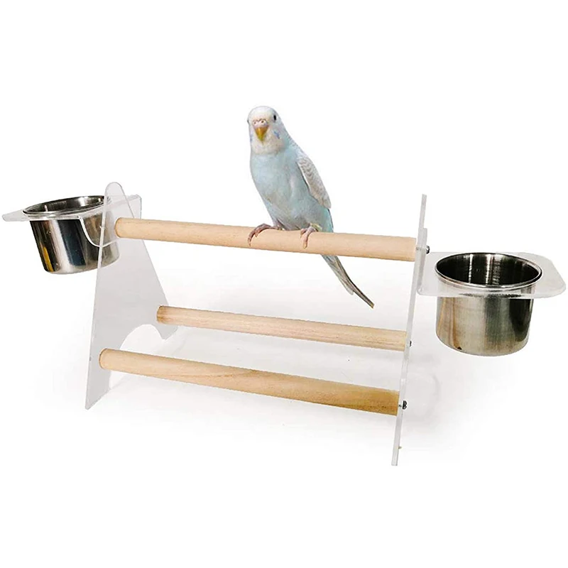

Parrot Desktop Stand Wood Play Stand Tripod and Stainless Steel Tray Feeding Cup Pet Bird Toys Training Stand Parrots Playground, As shown