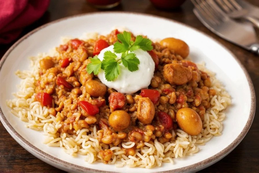 Plated sausage chicken jambalaya served with bread and garnish