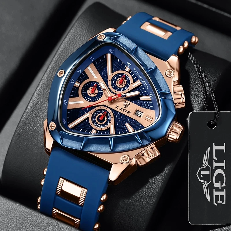 LIGE LG89103 Watch Sport Triangle Big Dial Chronograph Quartz Watches Men Sports Watches Male WristWatch Clock Relogio Masculino