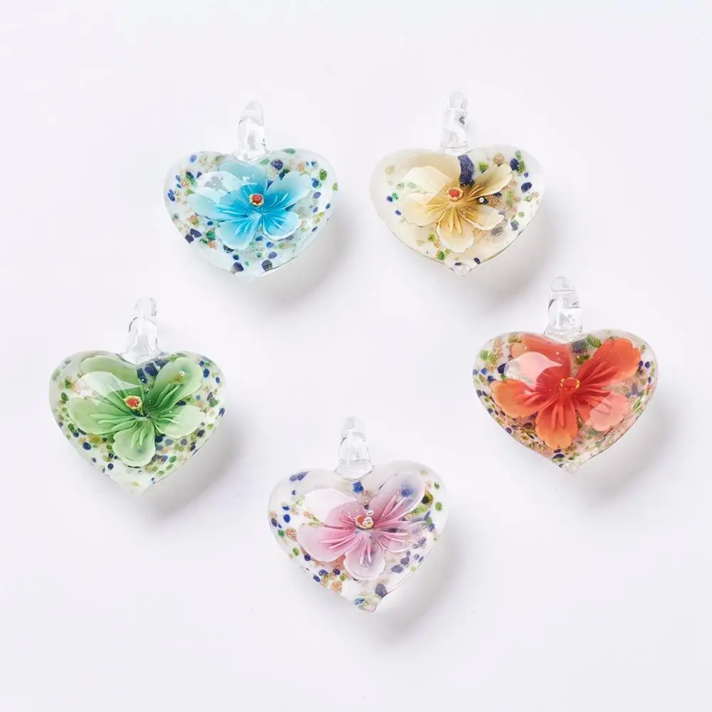 

PandaHall Mixed Color Heart Inner Flower Handmade Lampwork Pendants, Multicolor