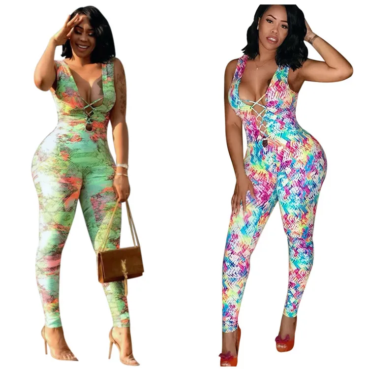 

Multicolor jumpsuit hollow out bandage tops sleeveless autumn print jumpsuit
