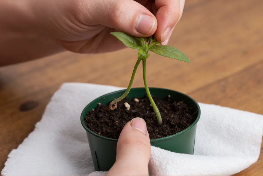 Pepper seedling with emerging root being carefully transplanted from paper towel to seed tray