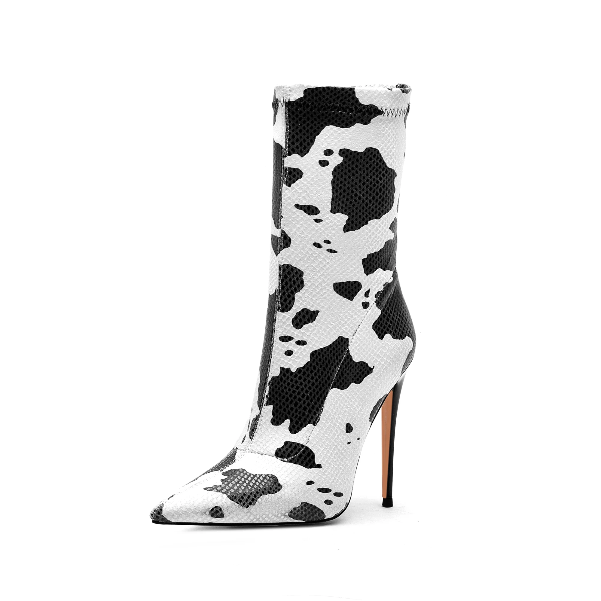 

2021 Women Ankle Boots High Heels Boots Pointed Toe Pumps Slip-On Thin Heel Shoes, Black+white,characters print