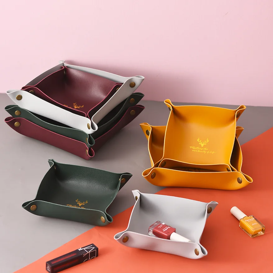 

Multi-Purpose Leather Bedside Storage Tray Cosmetics Jewelry Organizer Tray Home Office Desk Catchall Watches Remote Storage Box, As pictures / customized colors