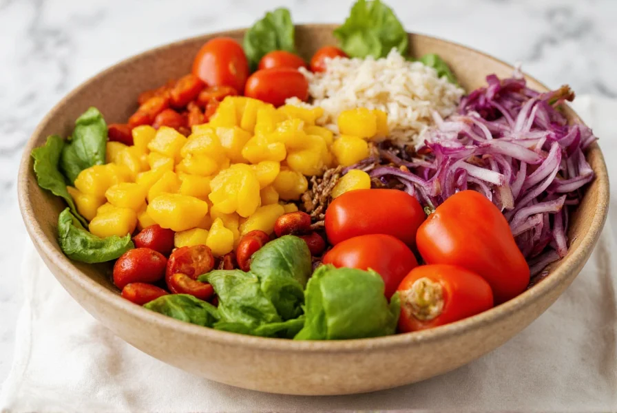 Colorful salad bowl featuring orange bell peppers alongside other vegetables and lean protein