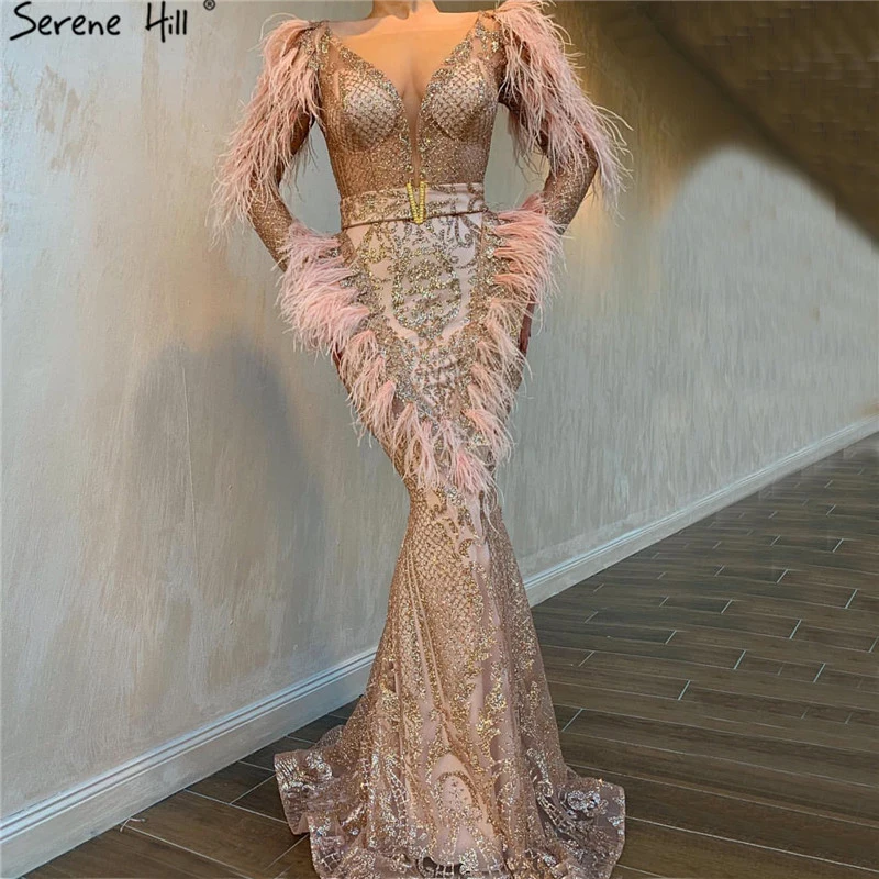 

Rose Gold Glitter Long Sleeves Mermaid Evening Gowns Serene Hill LA60902 Women Wear Formal Party Dresses With Feather