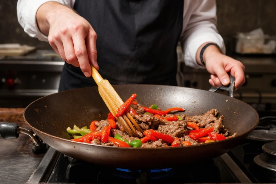 Professional chef stir-frying Chinese pepper beef in a traditional wok with vibrant red bell peppers and tender beef strips