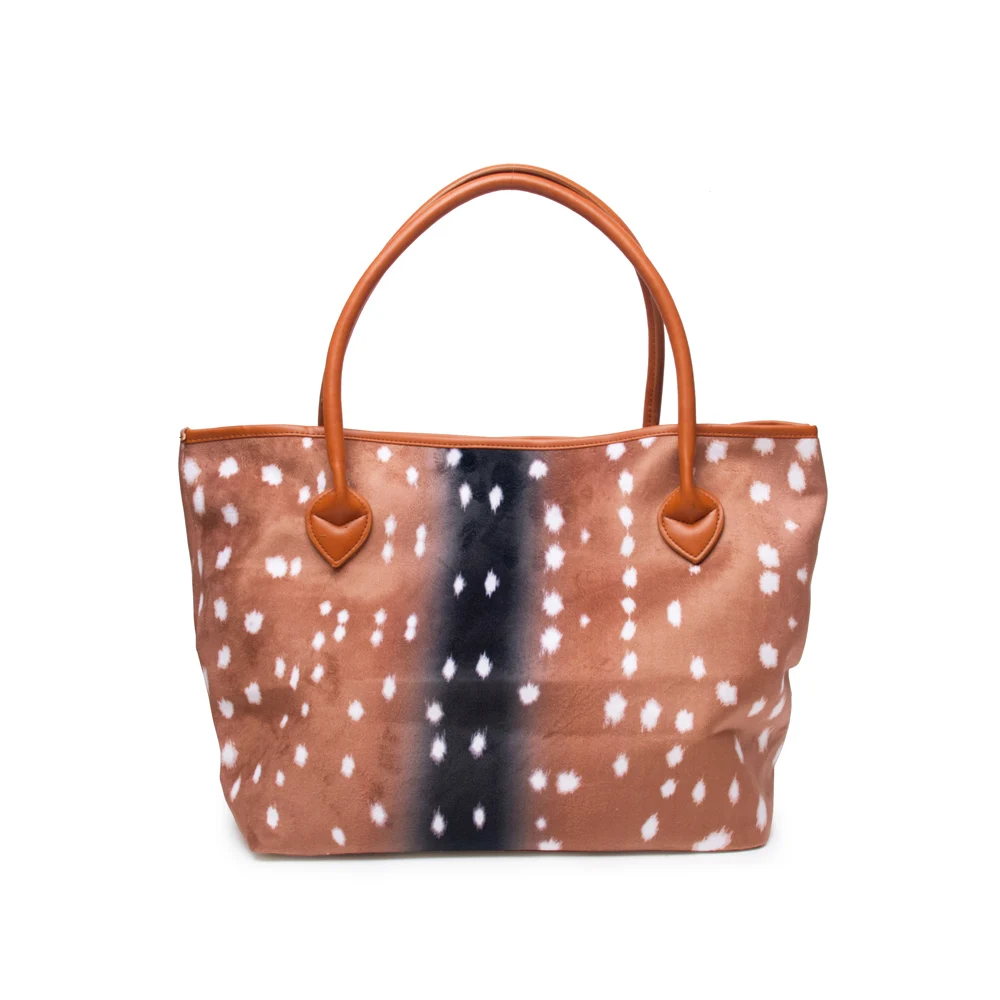 

READY TO SHIP Women Suede PU Handle Brown Deer Print Tote Lined Snap Tote