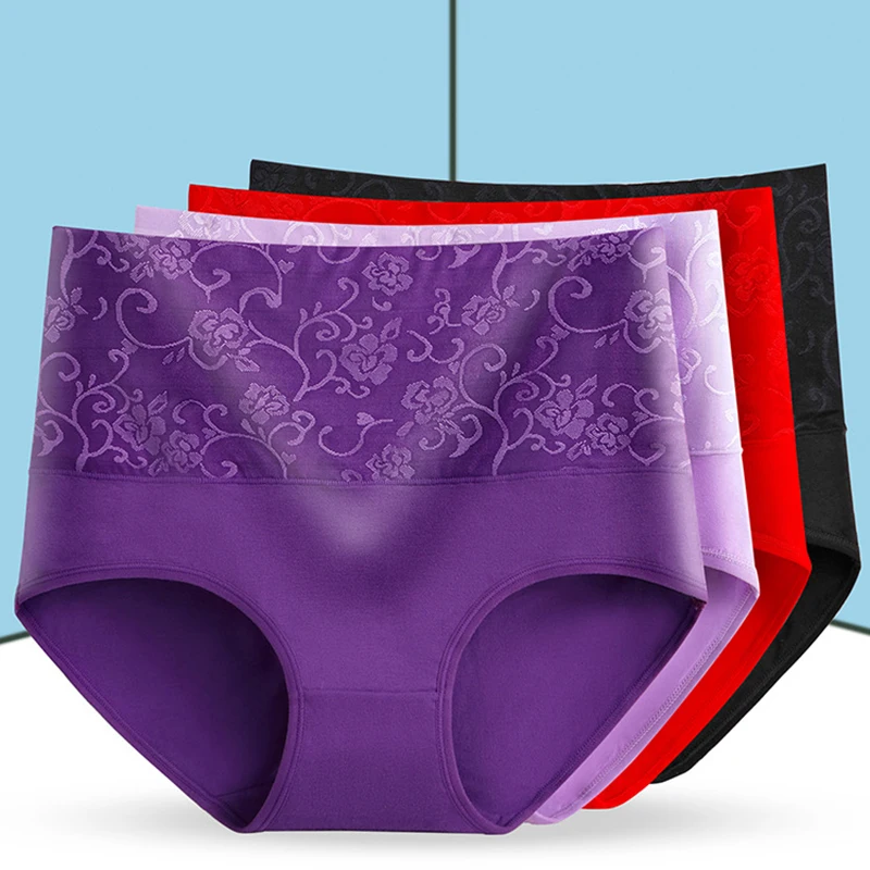 

JULY'S SONG High Waist Women Panties Ladies Cotton Plus Size Underwear Female Solid Breathable Stretch Briefs, Red, dark purple, grey, black, apricot, pink, light purple, blue