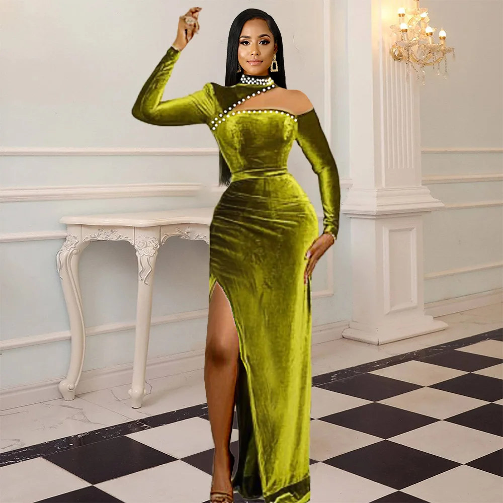 

S to 3XL Halter Hollow Stitching Beaded High Waist Green Color Split Party Dress For Ladies