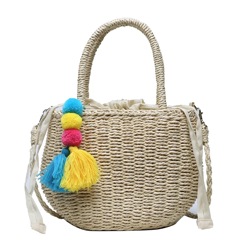 

2021 Wholesale customized summer straw woven bucket bags for girls, Natural