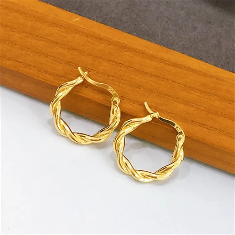 

Hot Sale European 18K Gold Plating Twist Circle Earring 925 Silver Post Twisted Hoop Earrings