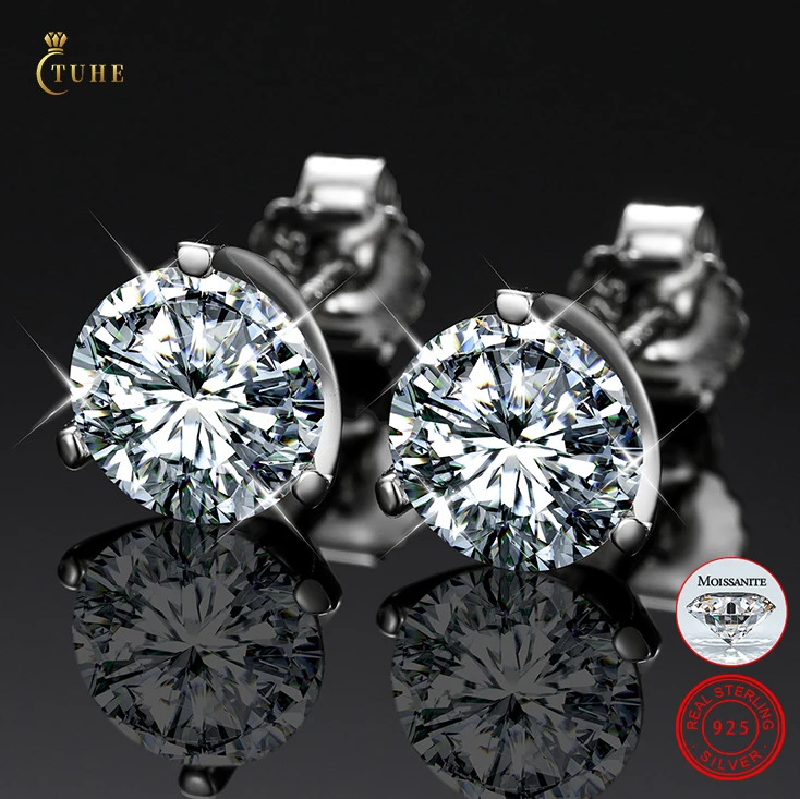 

White Gold Plated 925 Sterling Silver 3 Prong Set 7.5mm 1.5ct Round Brilliant Cut VVS Moissanite Diamond Stud Earrings