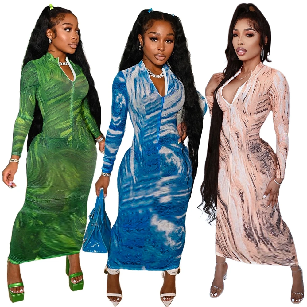 

EB-20081205 2022 Women Fall Dresses Bodycon Ladies Dress Tie Dye Women Lady Clubwear Maxi Clubwear Dresses