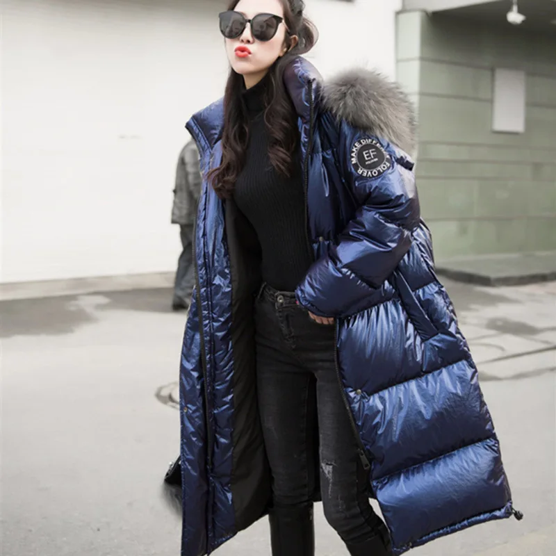 

Puffer Warm Winter Coat Ladies Shiny Duck Down Jacke Fur Hood Coats Female Long With Hood