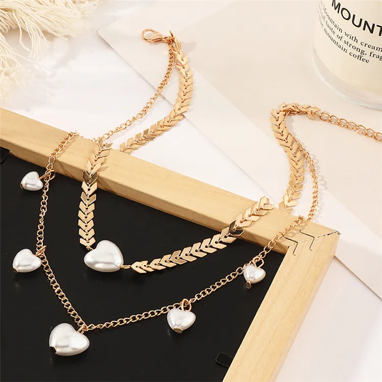 

European And American Cross-Border Fashion Jewelry Cute Small Fresh Double-Layer Necklace Simple Love Pearl Necklace, Picture shows