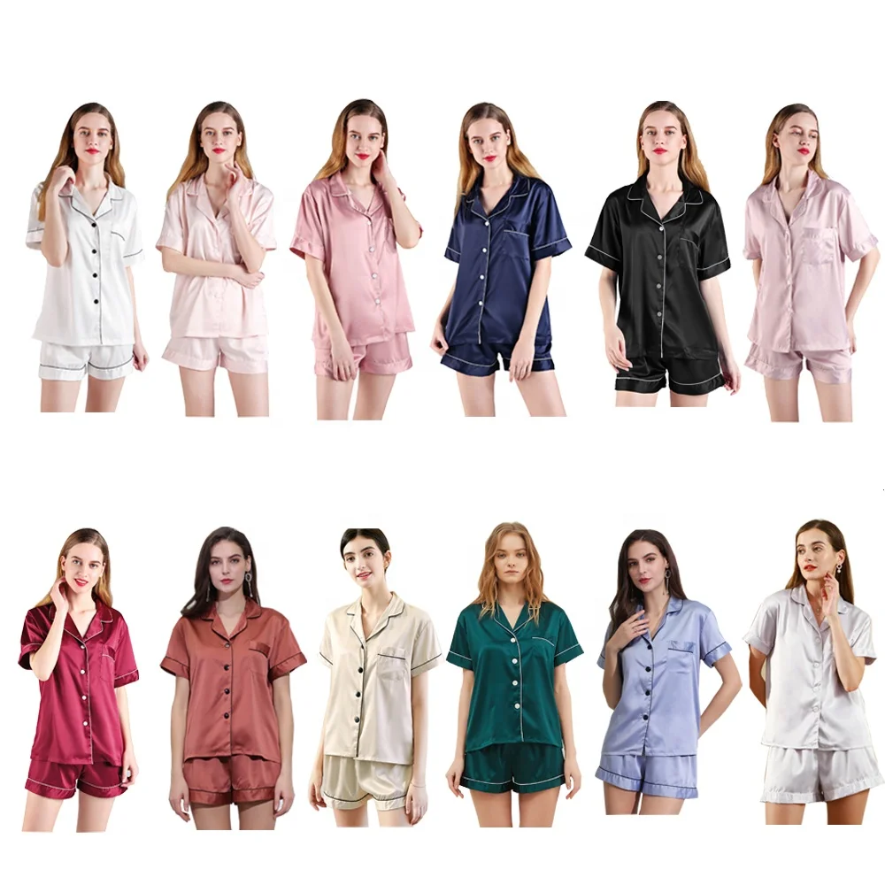 

FUNG 3034 High Quality 100 Polyester Satin Pajama Ladies Pajamas China Wholesale Silk Robes Women Sleepwear Pajamas Women, 12 colors
