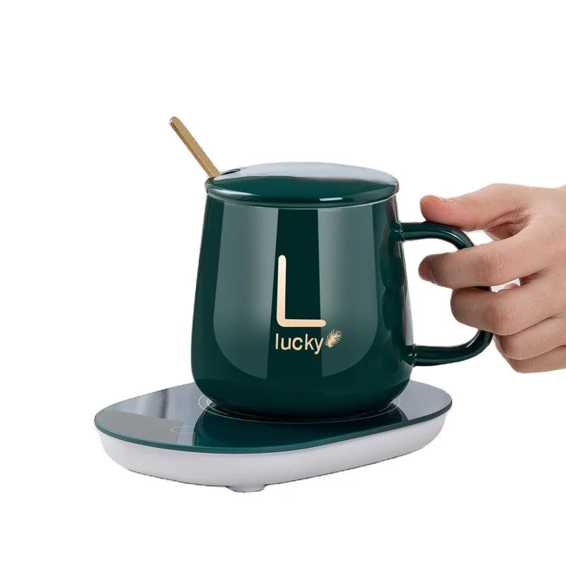 

Wholesale Creative Gift Heating Warm Mugs 55 Degree Thermostat Smart Cup Ceramic Gift Set Mug With Spoon Lid