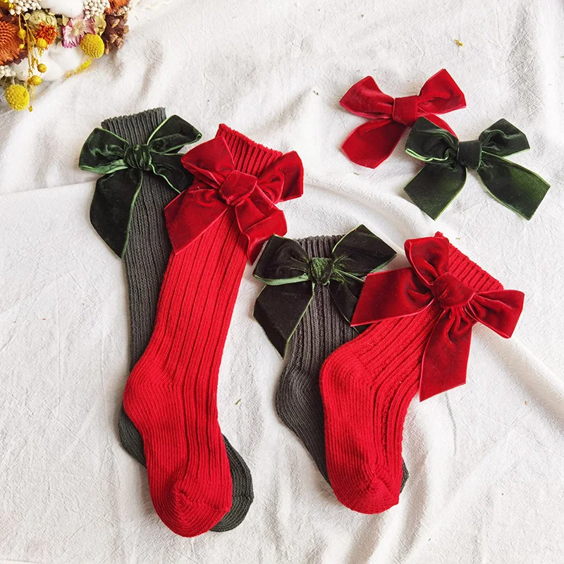 

Christmas Red Emerald Green Velvet Bow Knee High Socks Girls Baby Socks Ribbed Cotton Kids Girls Knitted Long Socks With Big Bow, Red,white,more than 30 colors