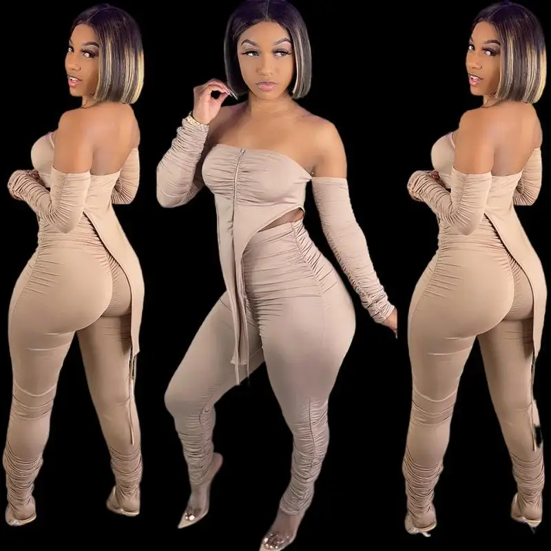 

2021 New Arrivals Women Plus Size Long Sleeve Zipper Strapless Outfits Pants Trousers Sweat Suits Womans 2 Piece Set