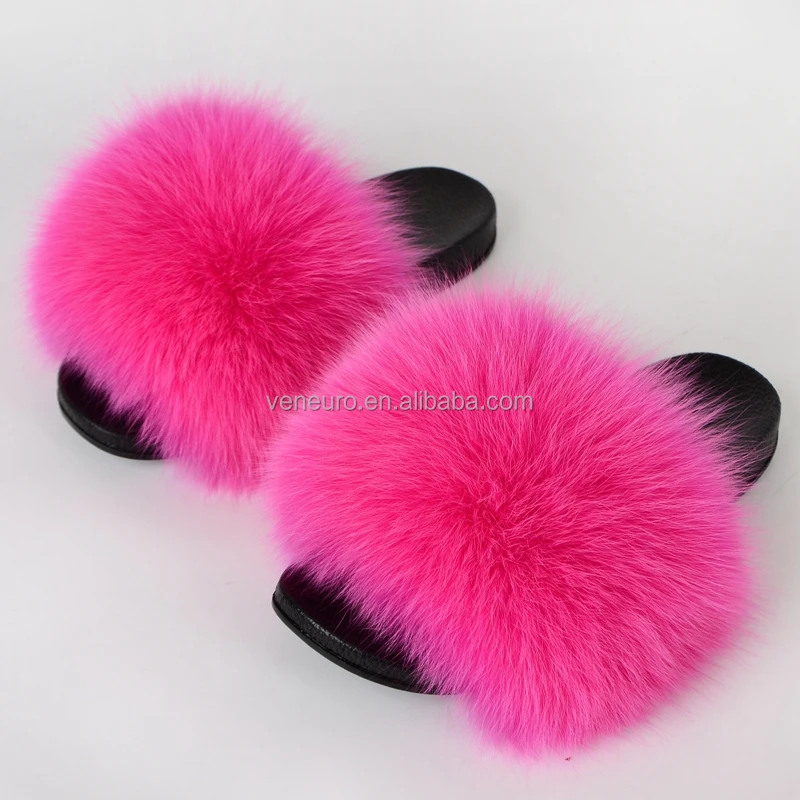 

2021 Wholesale Fashion Real fox Fur Slippers Big Fur Fluffy Slippers Sandals Women Fox Fur Slides, Customized color