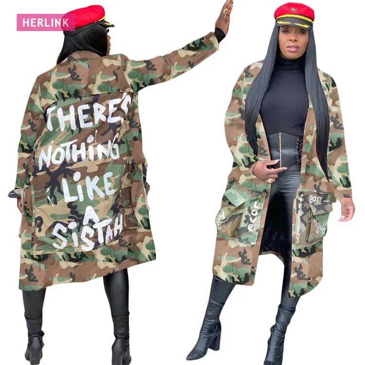 

2022 hot H2695 women fashion autumn camo camouflage long jacket coat