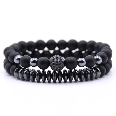 

Amazon Best Selling Black Natural Stone Beads Bracelet Set 2pcs/set Micro Paved CZ Zircon Matte Hematite Lave Stone Bracelet