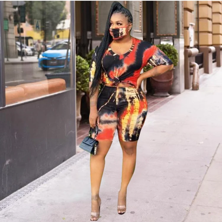 

Tie Dye Colorful Casual Women Clothing Plus Size Fashion Shirts Two Piece Crop Top Set Short Sleeve Shirt, Solid color
