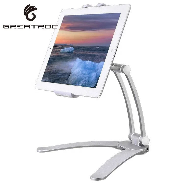 

Great Roc Universal mobile phone holder for ipad 2 in 1 desk stand foldable 360 degree adjust kitchen tablet wall mount stand, Silver