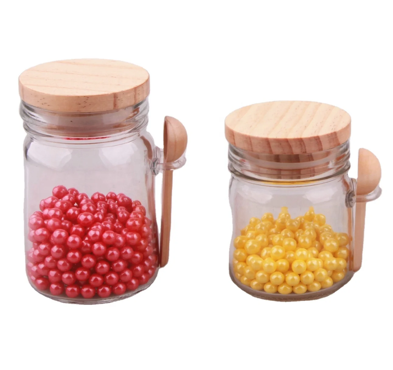 

150ml glass candy jar with wooden lid and wooden spoon