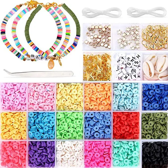 

3600pcs spacer heishi beads 6mm 18 colors flat round polymer clay beads bracelet making kit jewelry diy fimo clay beads kit