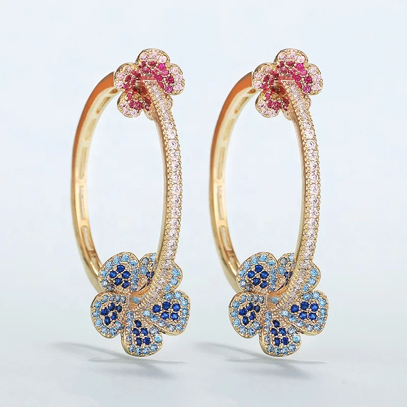 

Fashion wedding jewelry flower design hoop earrings full pave cubic zirconia hypoallergenic earrings, Multi color