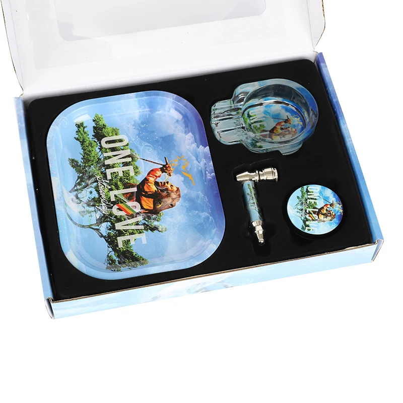 

2021 New Arrivel Wholesale Custom Logo Glass Ashtray Metal Herb Grinder Smoking Tray Set Rolling Custom Box Sets