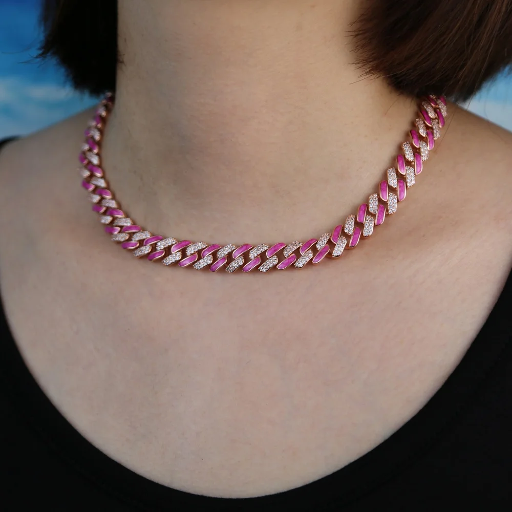 

Fashion Miami Iced Out Choker Necklace With Pink Enamel 5A CZ Cuban Chain Necklace For Women Fashion Party Hip Hop Jewelry Set, Black