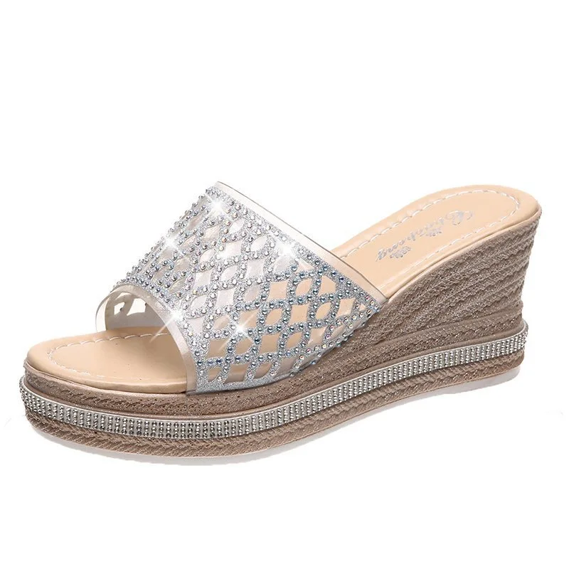 

Summer Street Fashion Ladies Sandals Fish Mouth Rhinestone Hollow Platform Ladies Wedge Sandals