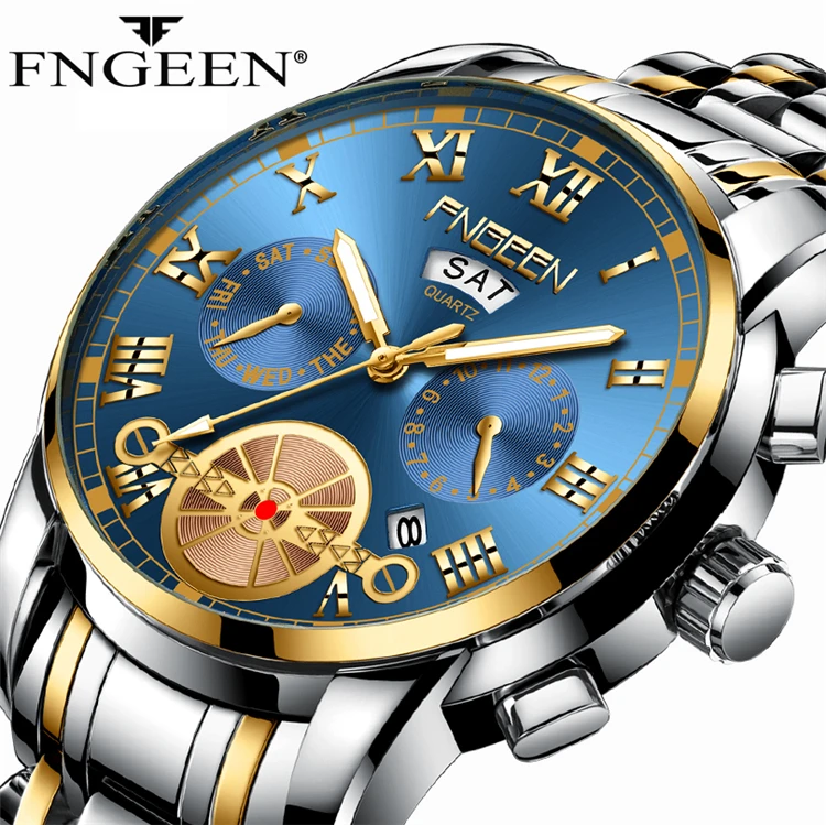 

FNGEEN 4001 Men Watches Top Quality Stainless Steel Quartz Waterproof Wristwatches Business Dual Calendar Luxury Man Watch 2021