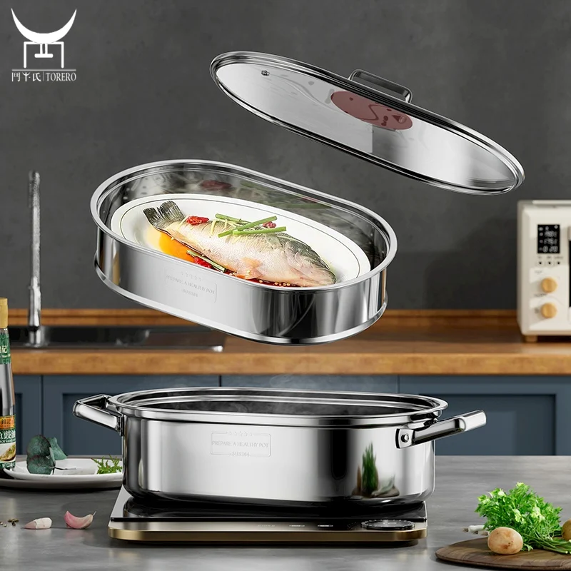 

304 Stainless steel stack and steam pot set household oval steamer glass lid double layer cooker double boiler soup