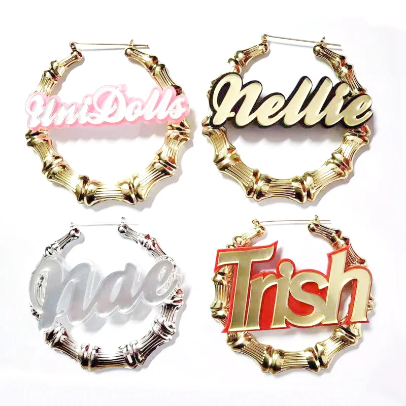 

Custom Name Women Fashion 55mm 75mm 90mm Large Gold Silver Bamboo Acrylic Hoop Earrings, Gold/silver/rose gold