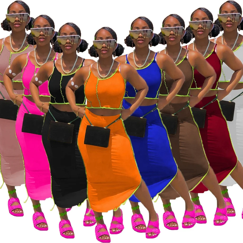 

MT107-2086 Wholesale casual bodycon sleeveless women outfits strap crop top summer outfit backless 2021 two piece skirt set