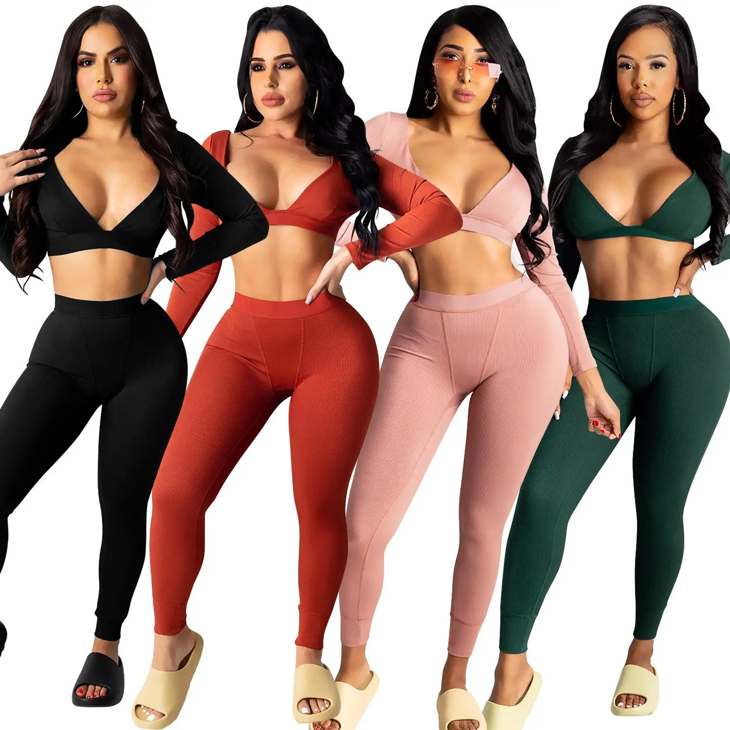 

Fashion Ladies Crop Top custom 2 piece set women Tracksuit Women Off Shoulder Yoga Pants Long Sleeve Fitness Sweatpants