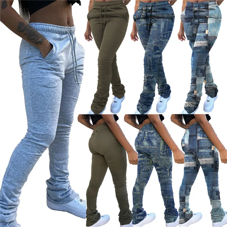 

Women Jogger Drawstring Sweatpants Bell Bottom High Waisted Pants Denim Jeans Printed Stacked Sweatpants
