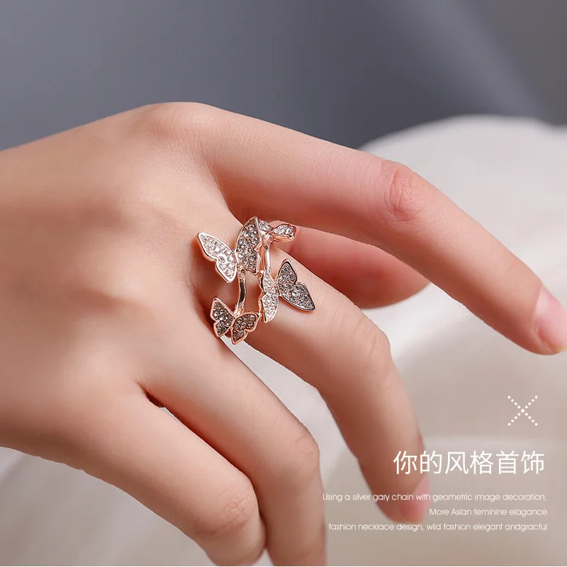 

Hot Selling Fashion Jewelry Temperament Full Diamond Four Butterfly Ring Adjustable Ring, Picture shows