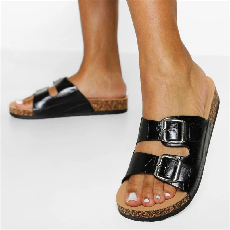 

Fashion Slipper for Women Sandal PU Leather Buckle INS Ladies Slipper Black Summer Flat Slides Slippers for Women Sandal Shoes