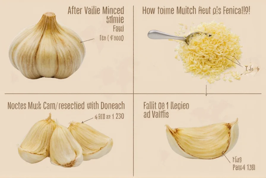 Fresh garlic cloves next to measuring spoons showing minced garlic equivalent