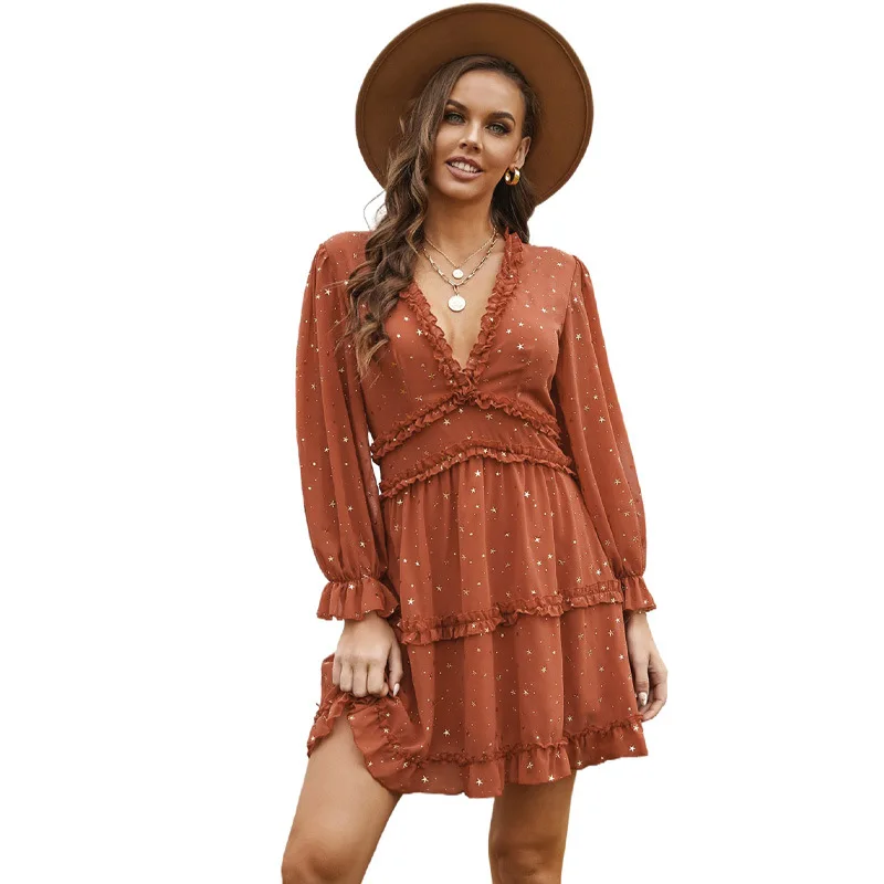 

2021 spring Womens V Neckline Long Sleeve Open Back Leopard Print Mini Dress