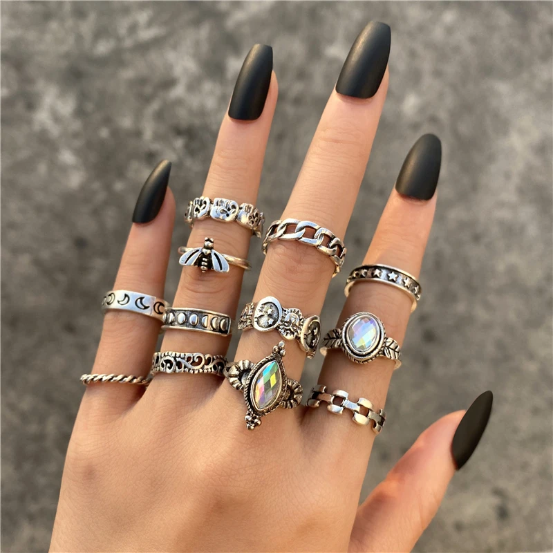 

2022 Fashion Vintage Hip Hop Snake Skull Skull Rings 12Piece Set Men Women Punk Silver Plated Butterfly Chain Rings Jewelry Gift, Sliver