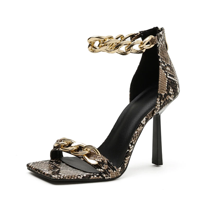 

Snake Pattern Sexy Fashion Hot sale Ladies Buckle Strap High Heels Shoes Metal Chain Party Square Toe Women High Heel Sandals