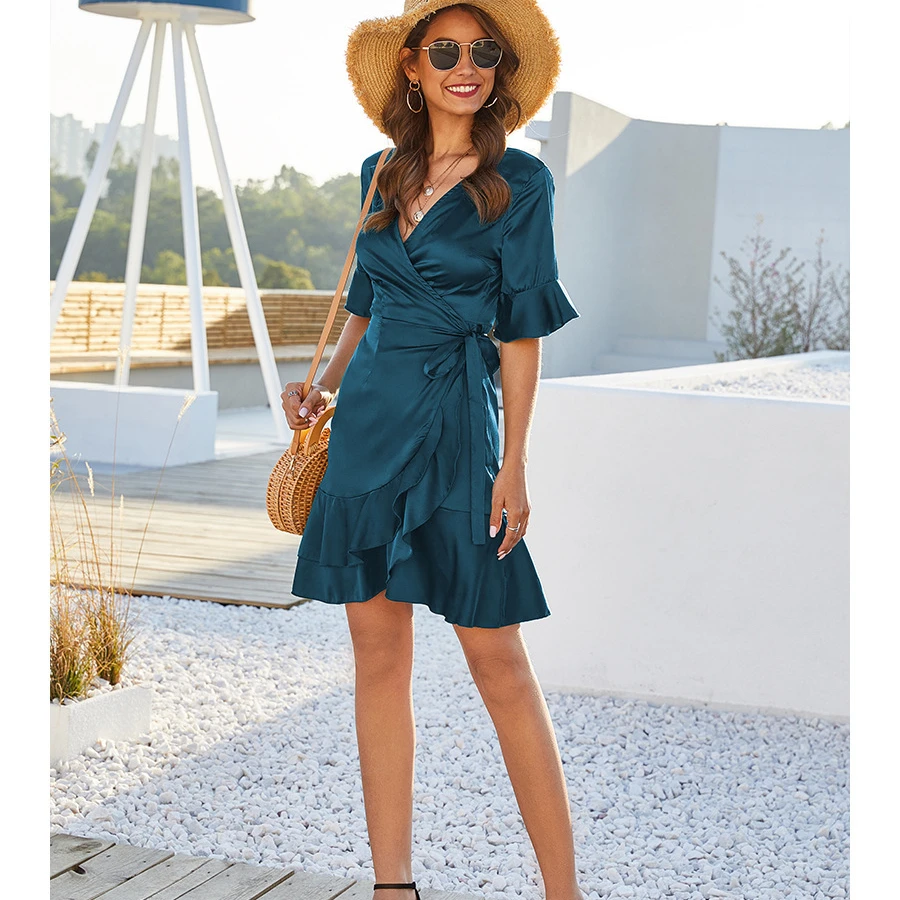 

Hot style good feeling V necktie pleated tie slim dress for women