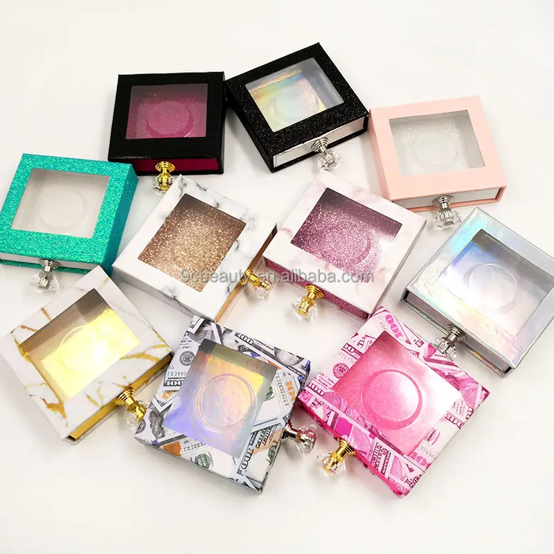 

wholesale 9 colors crystal handle square lash boxes 1000+ styles 3D 5D quality 25mm mink lashes, Natural black