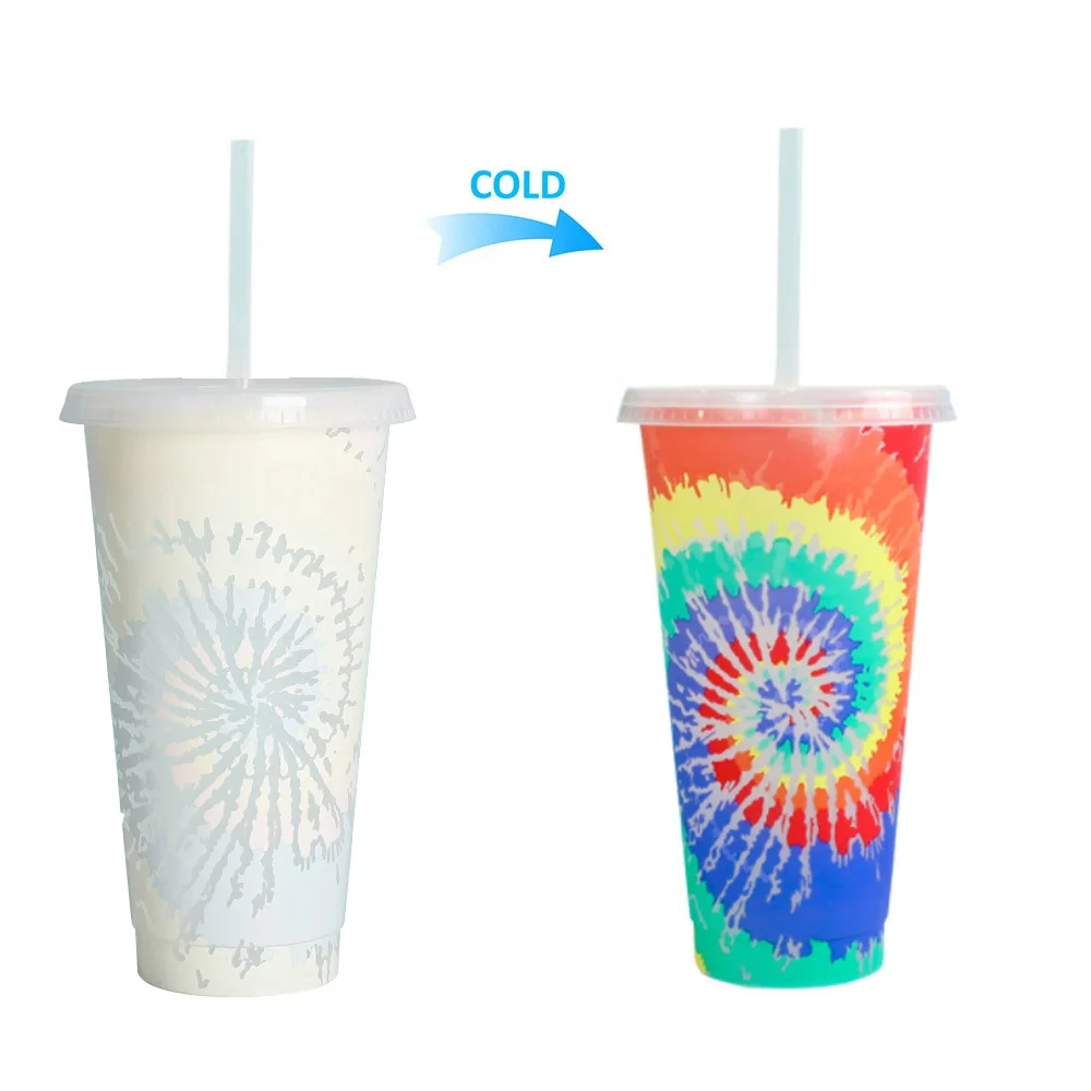 

24oz Reusable Tie Dye Plangi Bandhnu Cold Color Change Cup With Lids And Straws, Customized